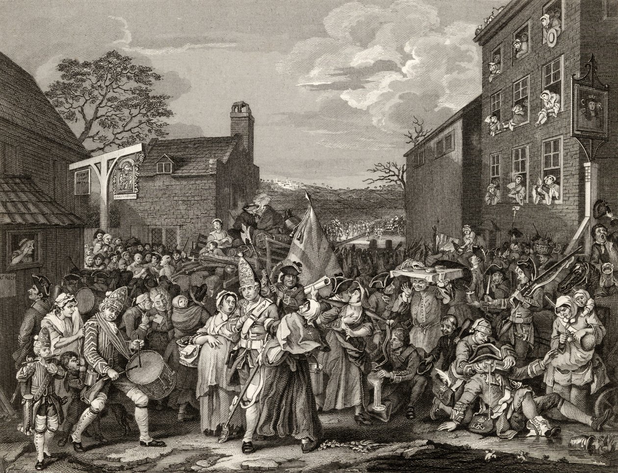 The March to Finchley, kaiverrettu T.E. Nicholson teoksesta The Works of Hogarth, julkaistu 1833 tekijältä William Hogarth