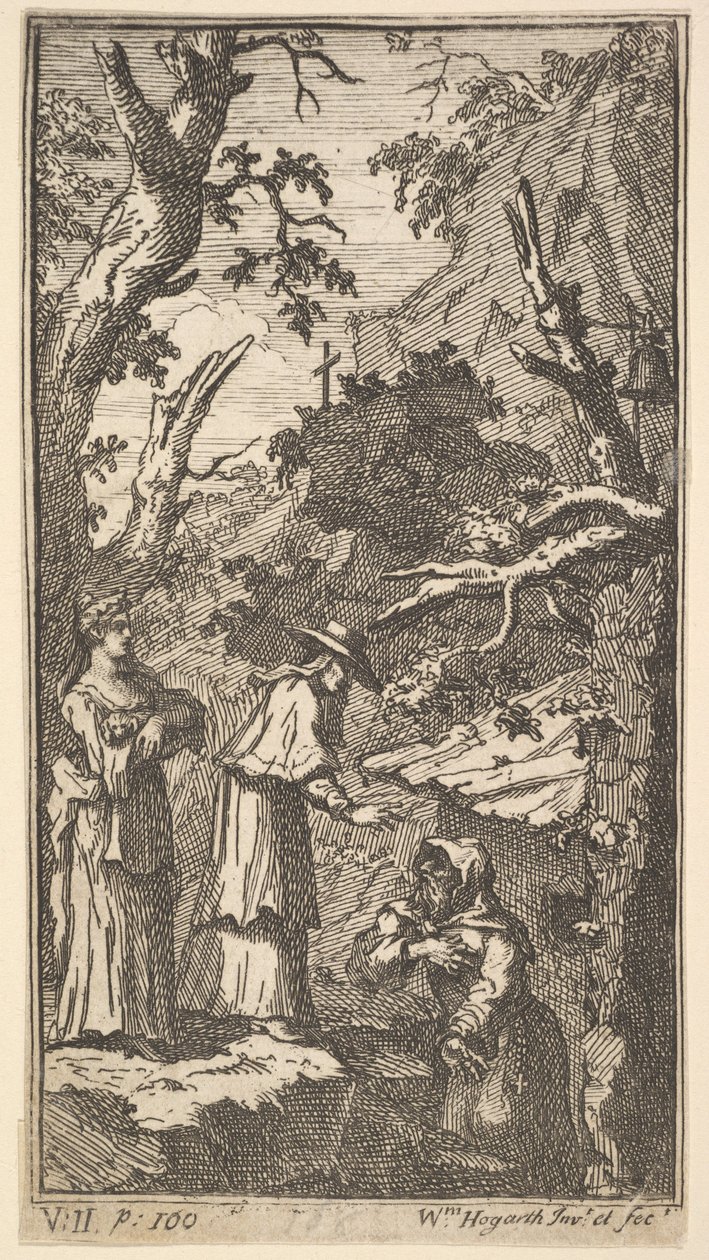 Uusi metamorfoosi, levy 7: Kardinaali, erakko ja Donna Angela pitelee Fantasiaa, 1724. tekijältä William Hogarth