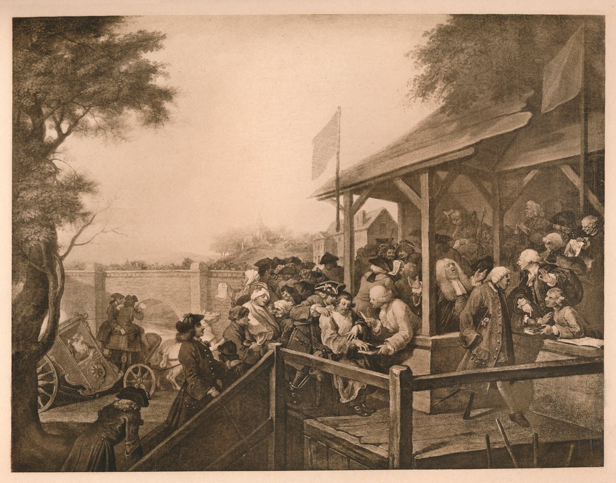 Äänestys, levy III vaalien huumorista, 1757 tekijältä William Hogarth