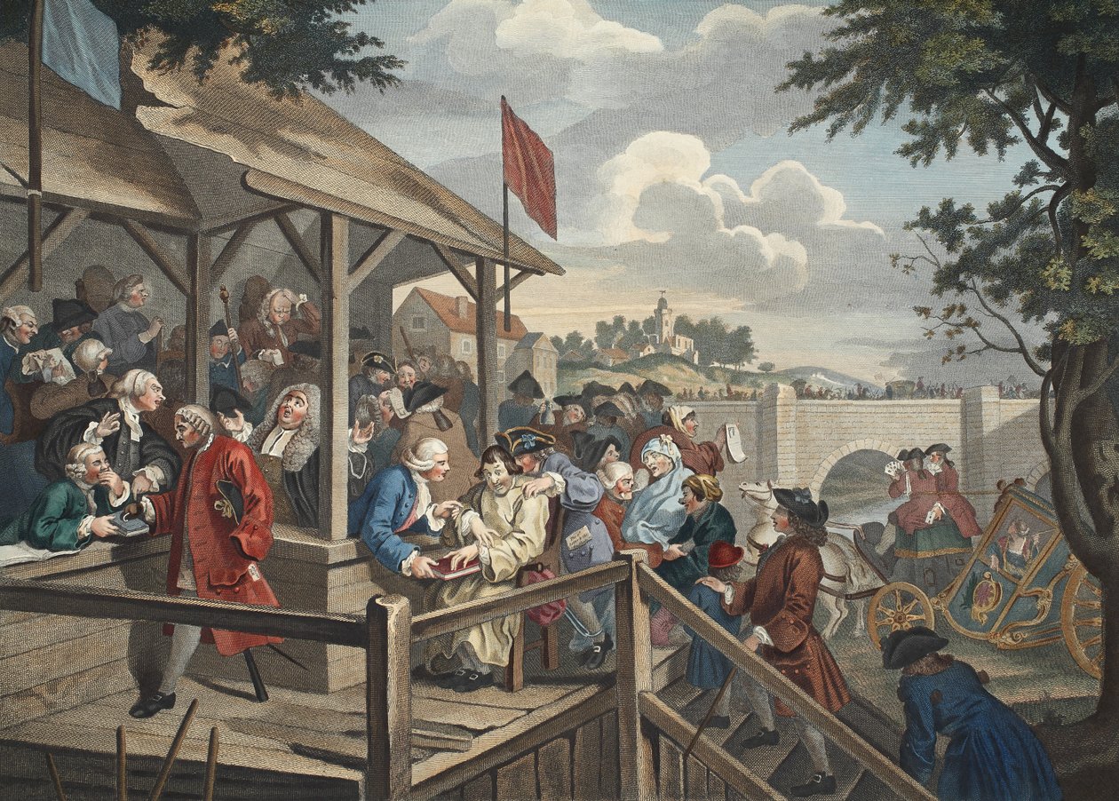 The Polling, kuvitus teoksesta "Hogarth Restored: The Whole Works of kuuluisan William Hogarthin, uudelleenkaiverrettu Thomas Cook", pub. 1812 (käsinvärinen kaiverrus) tekijältä William Hogarth