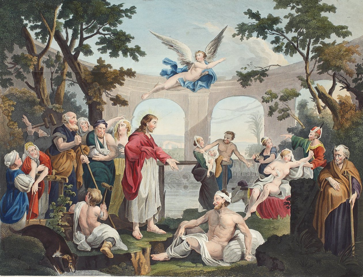 The Pool of Bethesda, kuvitus teoksesta "Hogarth Restored: The Whole Works of kuuluisan William Hogarthin, uudelleenkaivertanut Thomas Cook", pub. 1812 (käsinvärinen kaiverrus) tekijältä William Hogarth