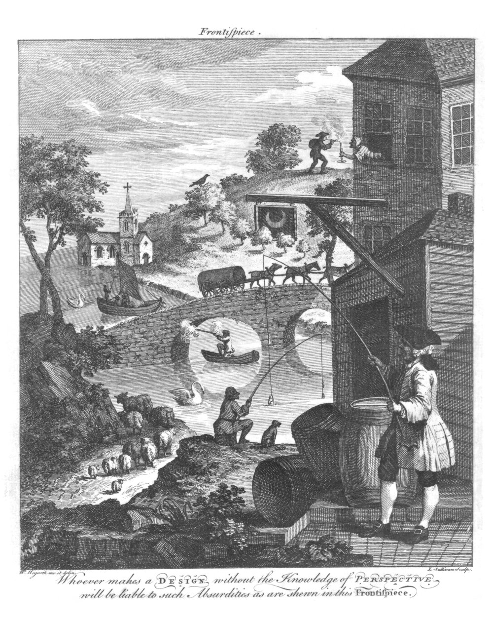 Perspektiivin tuntemisen tärkeys, 1700-luku (bw kuva) tekijältä William Hogarth