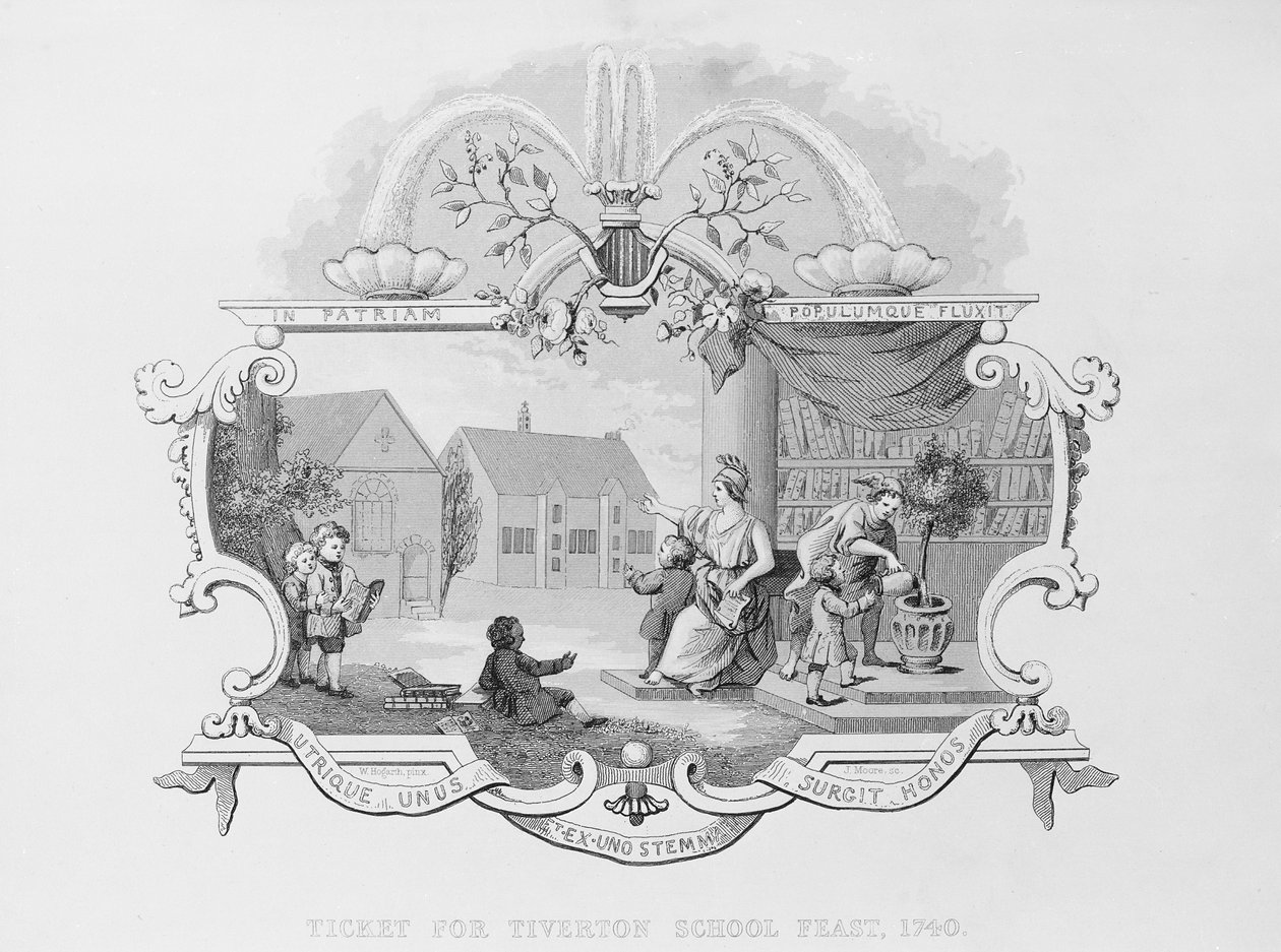 Lippu Tivertonin koulujuhlaan, 1740, kaiverrus J. Moore tekijältä William Hogarth