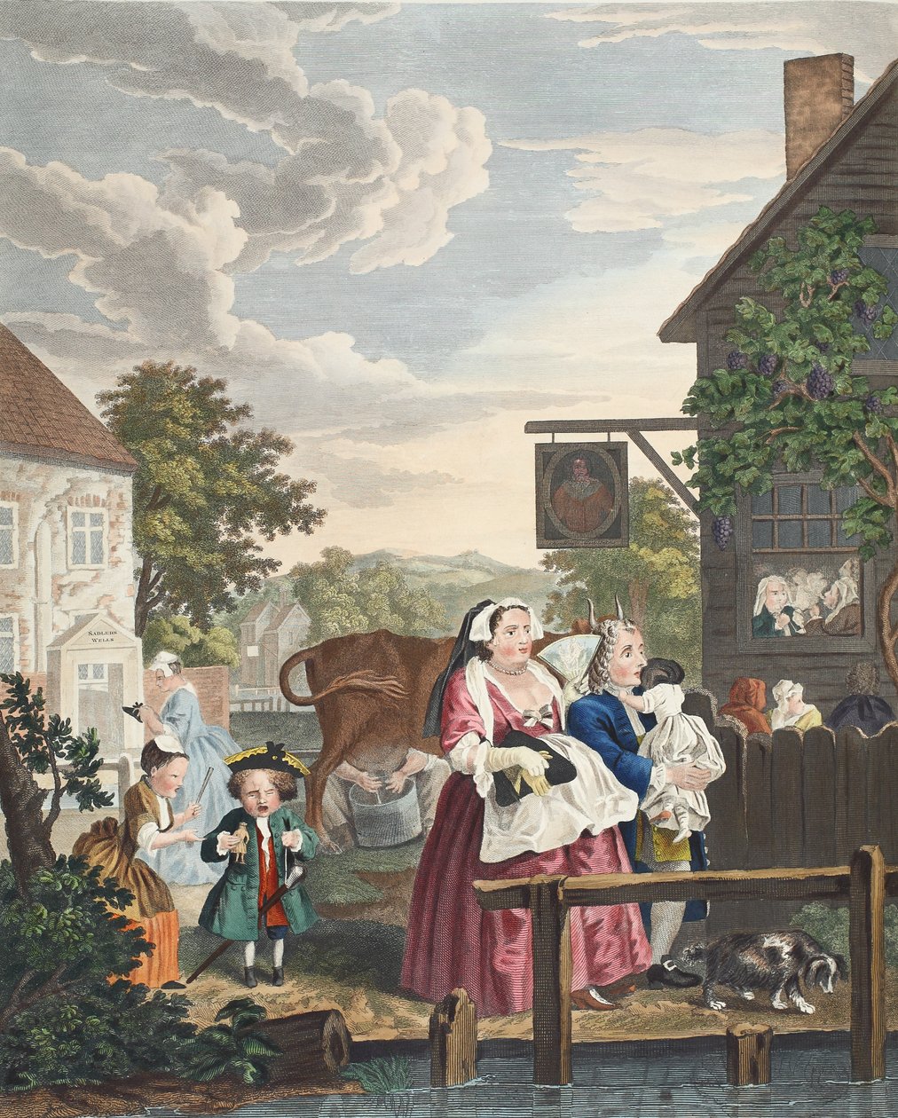 Kellonajat, Ilta, kuvitus teoksesta "Hogarth Restored: The Whole Works of kuuluisan William Hogarthin, uudelleenkaivertanut Thomas Cook", pub. 1812 (käsinvärinen kaiverrus) tekijältä William Hogarth