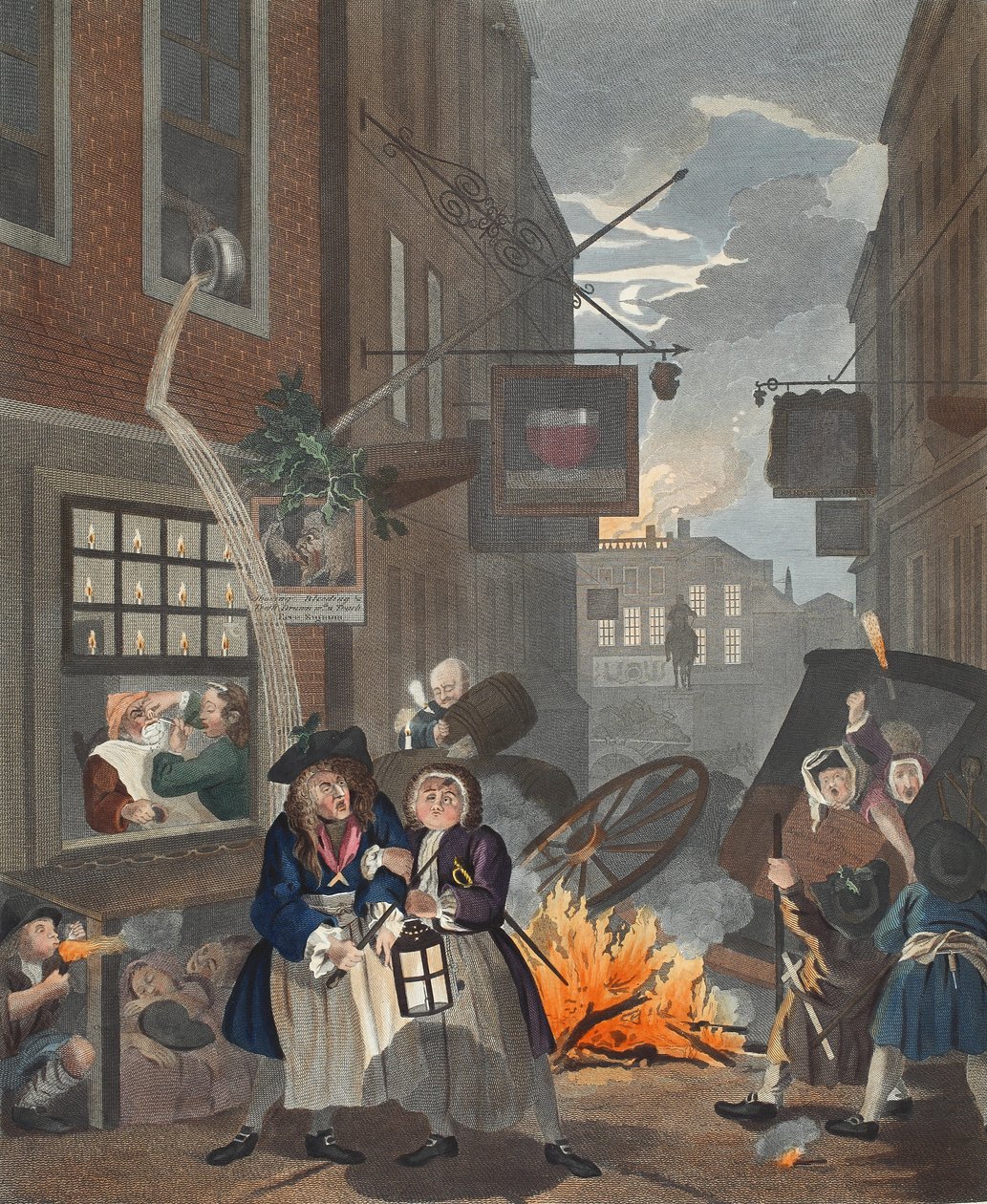 Kellonajat, Yö, kuvitus teoksesta "Hogarth Restored: The Whole Works of kuuluisan William Hogarthin, uudelleenkaiverrettu Thomas Cook", pub. 1812 (käsinvärinen kaiverrus) tekijältä William Hogarth
