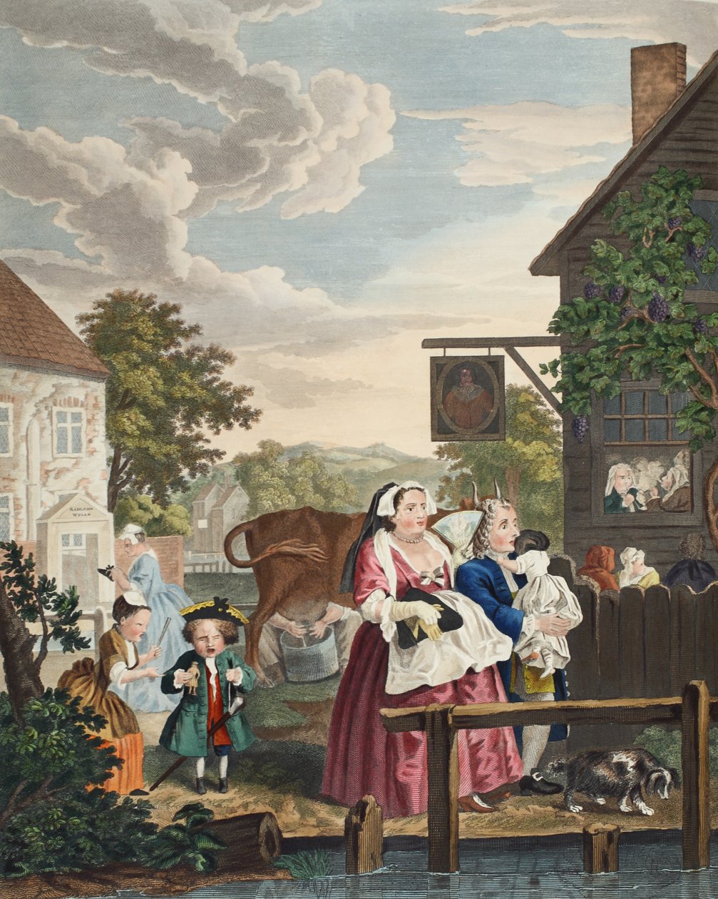 Kellonajat: Ilta, kuvitus teoksesta "Hogarth Restored: The Whole Works of kuuluisan William Hogarthin, uudelleenkaiverrettu Thomas Cook", pub. 1812 (käsinvärinen kaiverrus) tekijältä William Hogarth