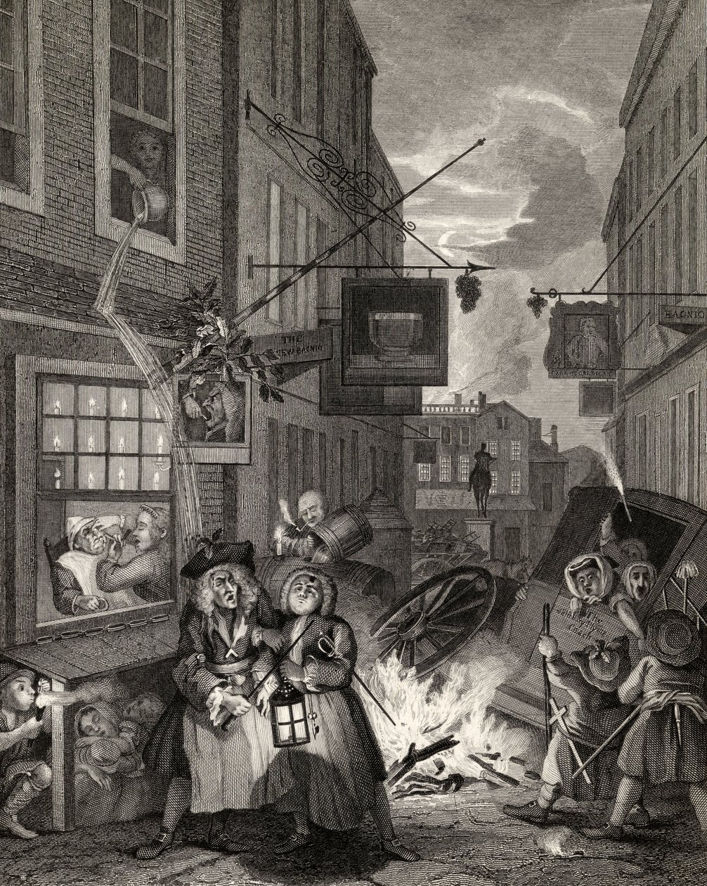 Times of the Day: Night, teoksesta The Works of William Hogarth, julkaistu 1833 tekijältä William Hogarth