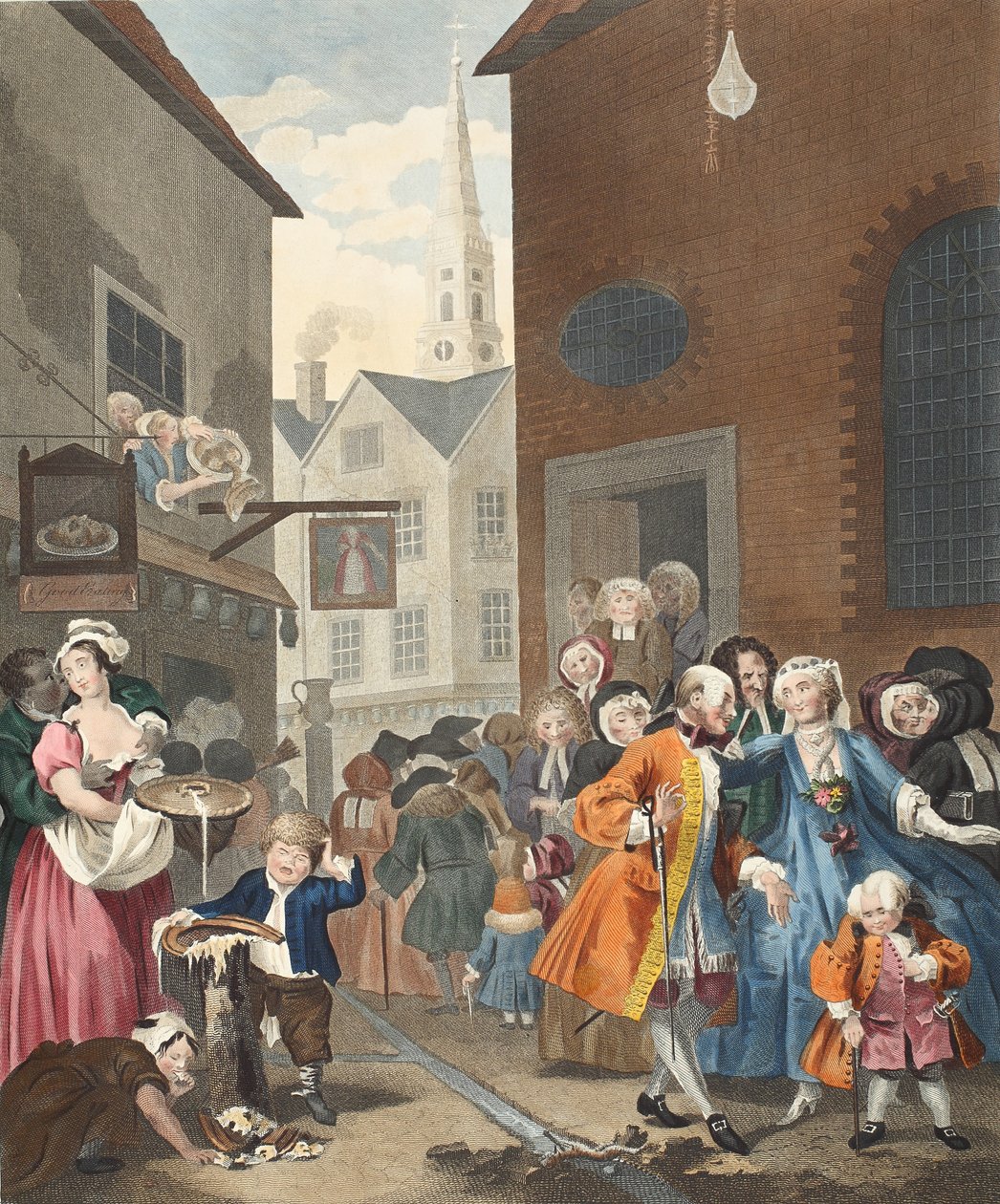 Päivän kellonajat: Keskipäivä, kuvitus teoksesta "Hogarth Restored: The Whole Works of kuuluisan William Hogarthin, uudelleenkaiverrettu Thomas Cook", pub. 1812 (käsinvärinen kaiverrus) tekijältä William Hogarth