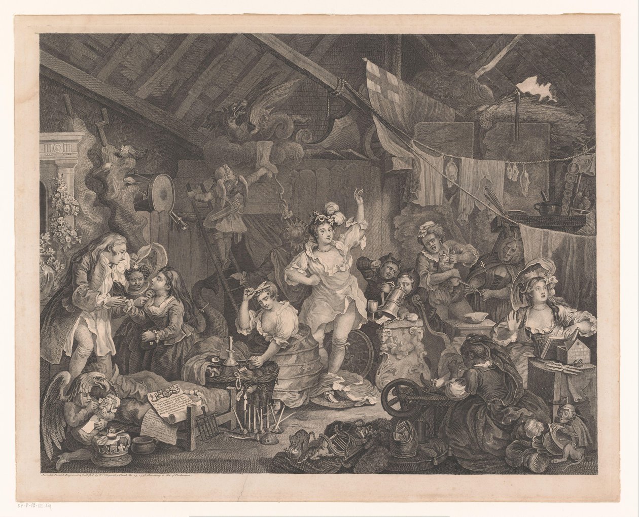 Pukeutuneita näyttelijöitä ja lapsia vajassa Kiertelevät näyttelijät pukeutumassa navetassa tekijältä William Hogarth