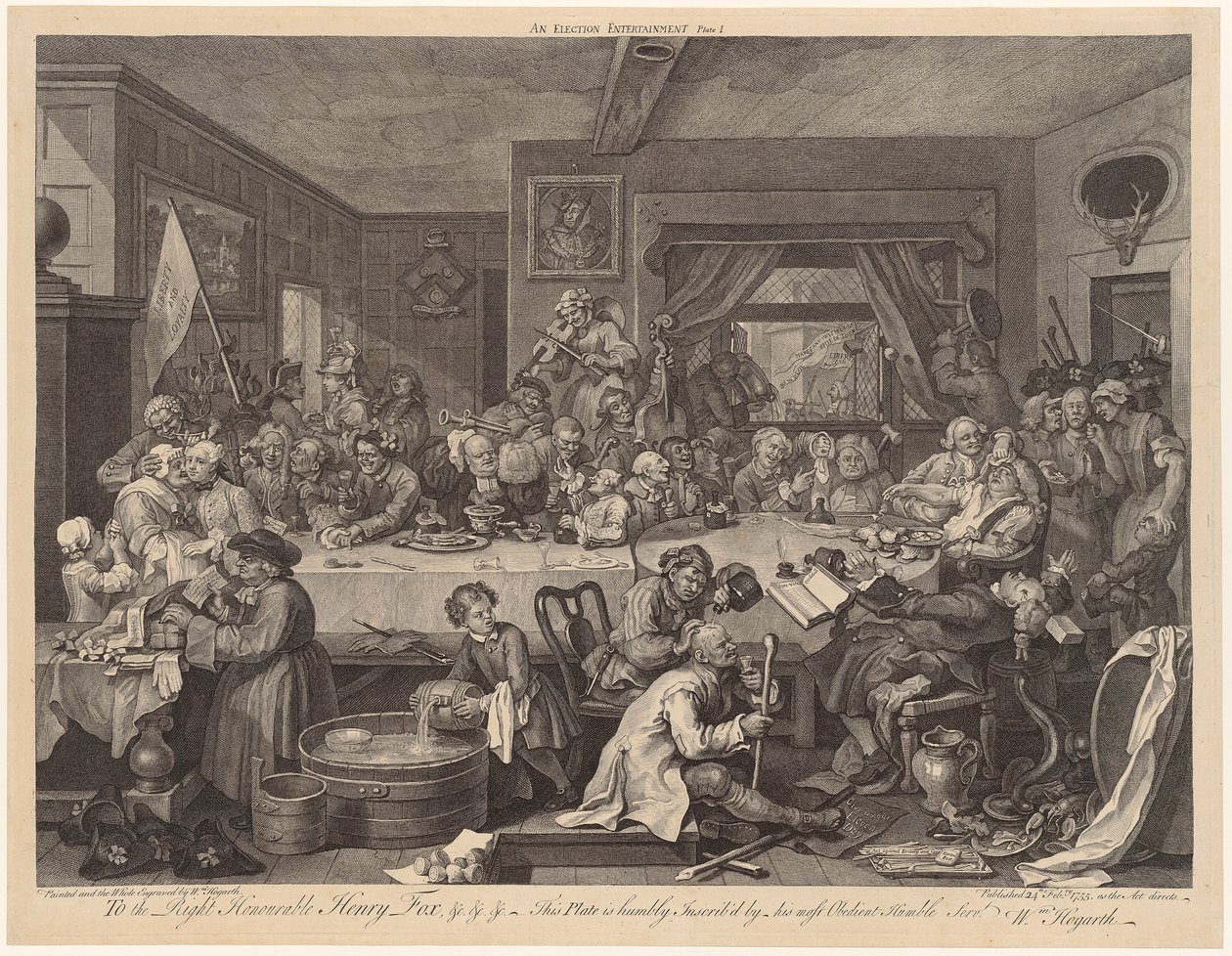 Vaalijuhla, lehti 1 sarjasta "Vaalit" tekijältä William Hogarth
