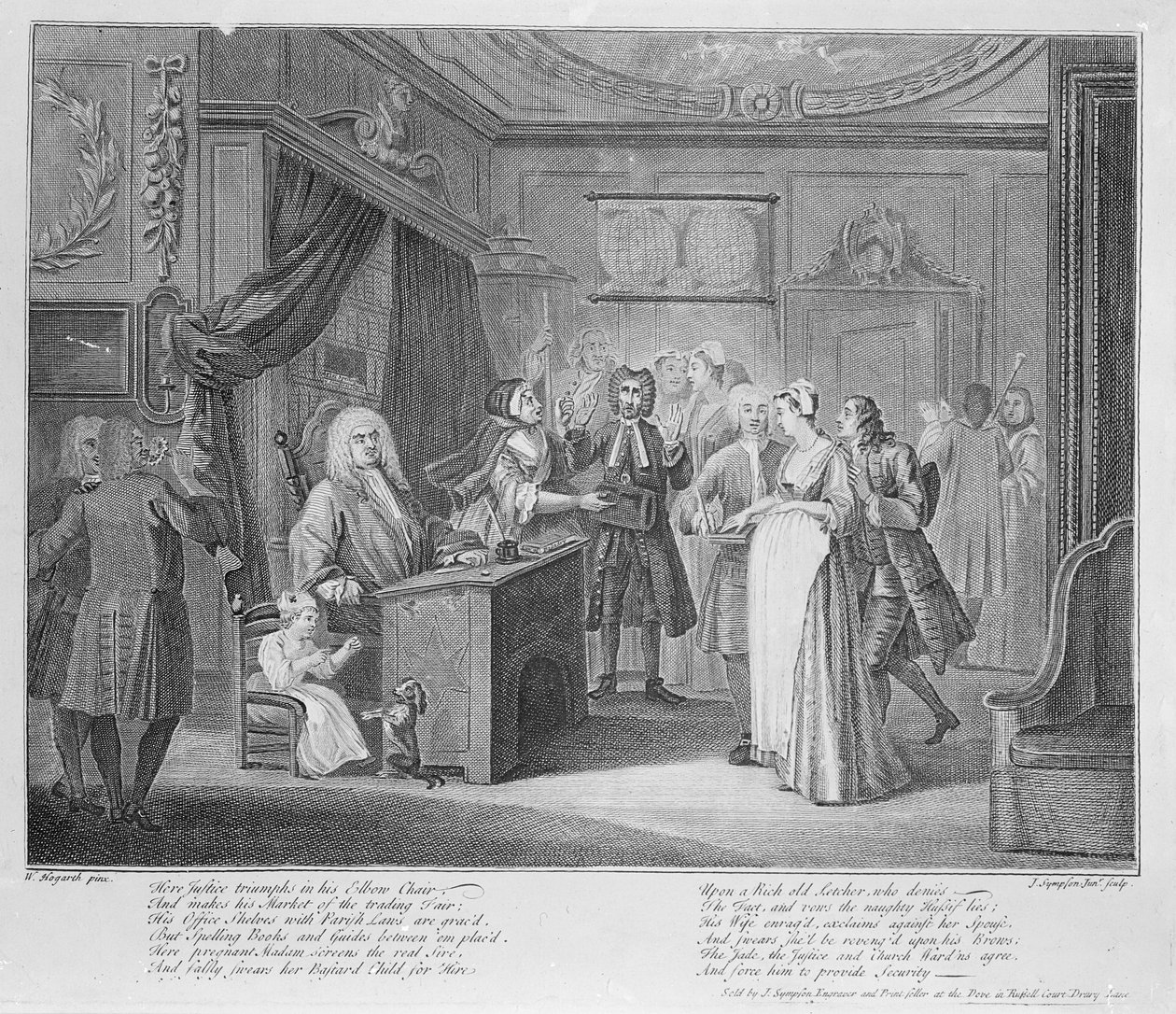 Nainen vannomassa lapsen haudalle kansalaiselle, n. 1735 tekijältä William Hogarth