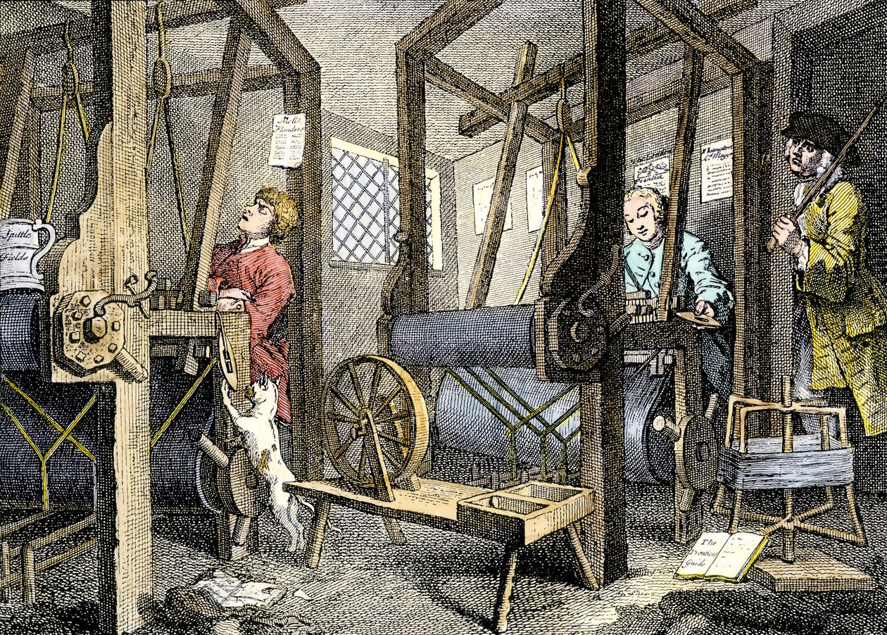 Työpaja ja työntekijä kudontamateriaalin kanssa Spitalfieldsissä, Englannissa. tekijältä William Hogarth
