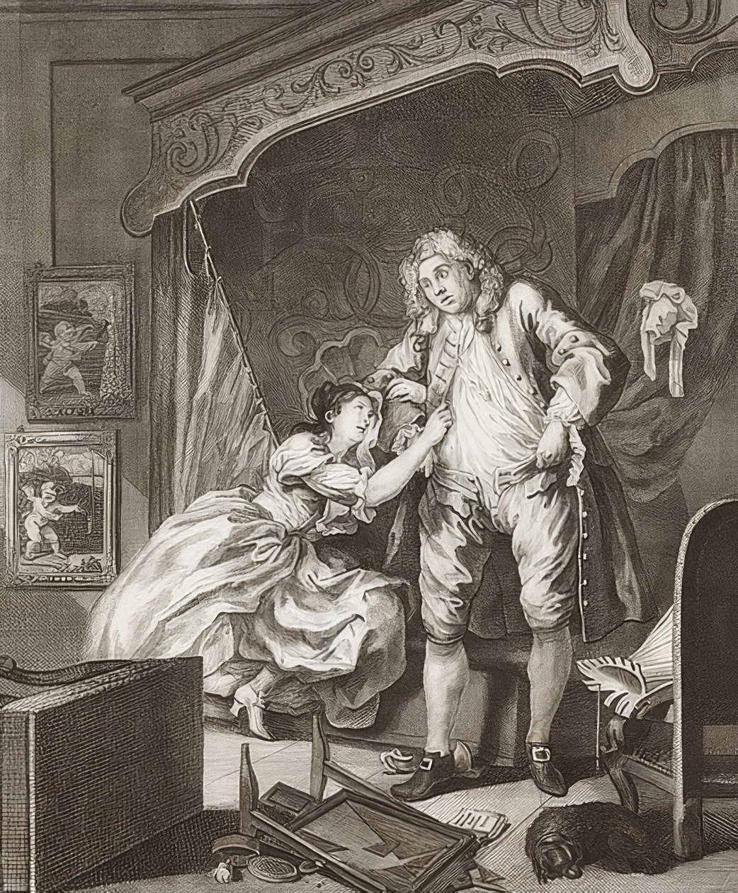 Kaksiosainen jakso: Ennen ja jälkeen. Arkki 2: Jälkeen / Jälkeen. 1736 tekijältä William Hogarth