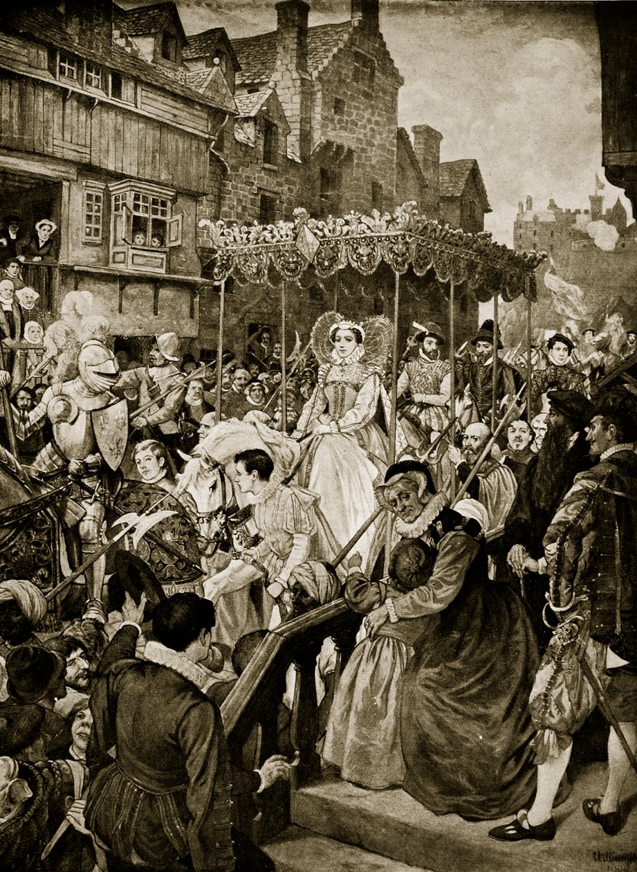 Mary Queen of Scots saapuu Edinburghiin, 1561, kuvitus "Hutchinsonin tarinasta brittiläisestä kansasta", n. 1923 tekijältä William Hole