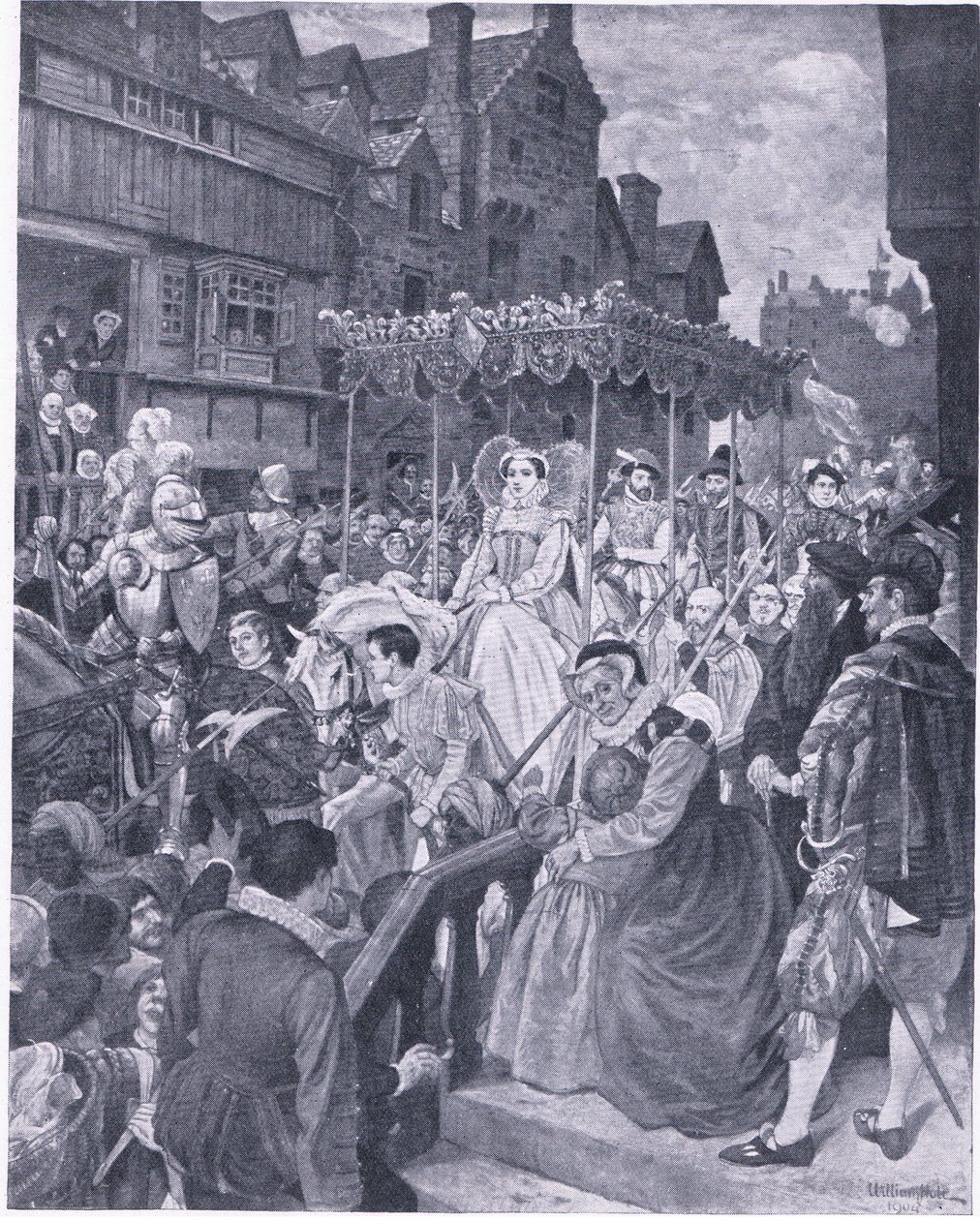 Kuningatar Maryn osavaltion tulo Edinburghiin 1561, Waverley Book Companyn julkaisemasta Cassells History of the British Peoplesta, noin 1950-luku (litho) tekijältä William Hole