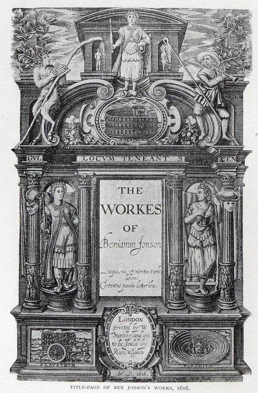 Nimisivu teokselle "The Works of Benjamin Jonson", 1616 tekijältä William Hole