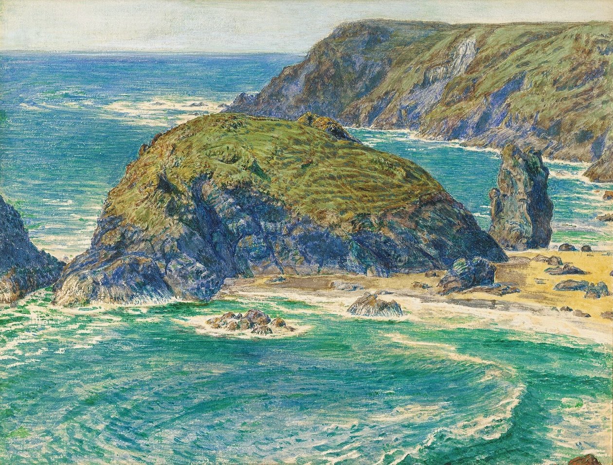Asparagus Island, Kynance, Cornwall (lyijykynä ja akvarelli korostettu valkoisella ja raapimalla) tekijältä William Holman Hunt