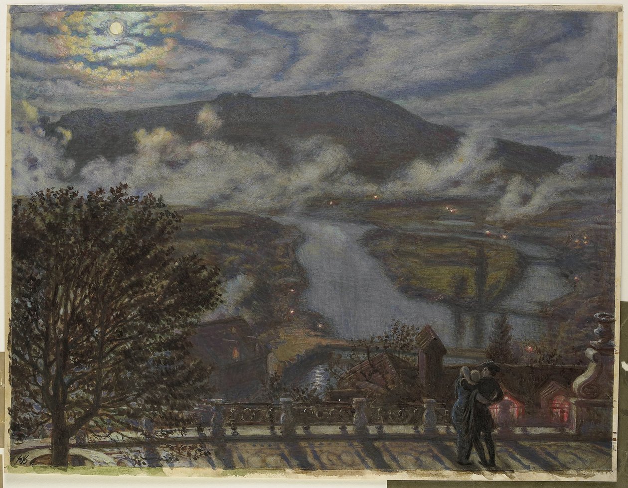 Vista des de la terrassa del paisatge fluvial a la nit The Terrace, Berna (títol sobre objecte)acabat tekijältä William Holman Hunt