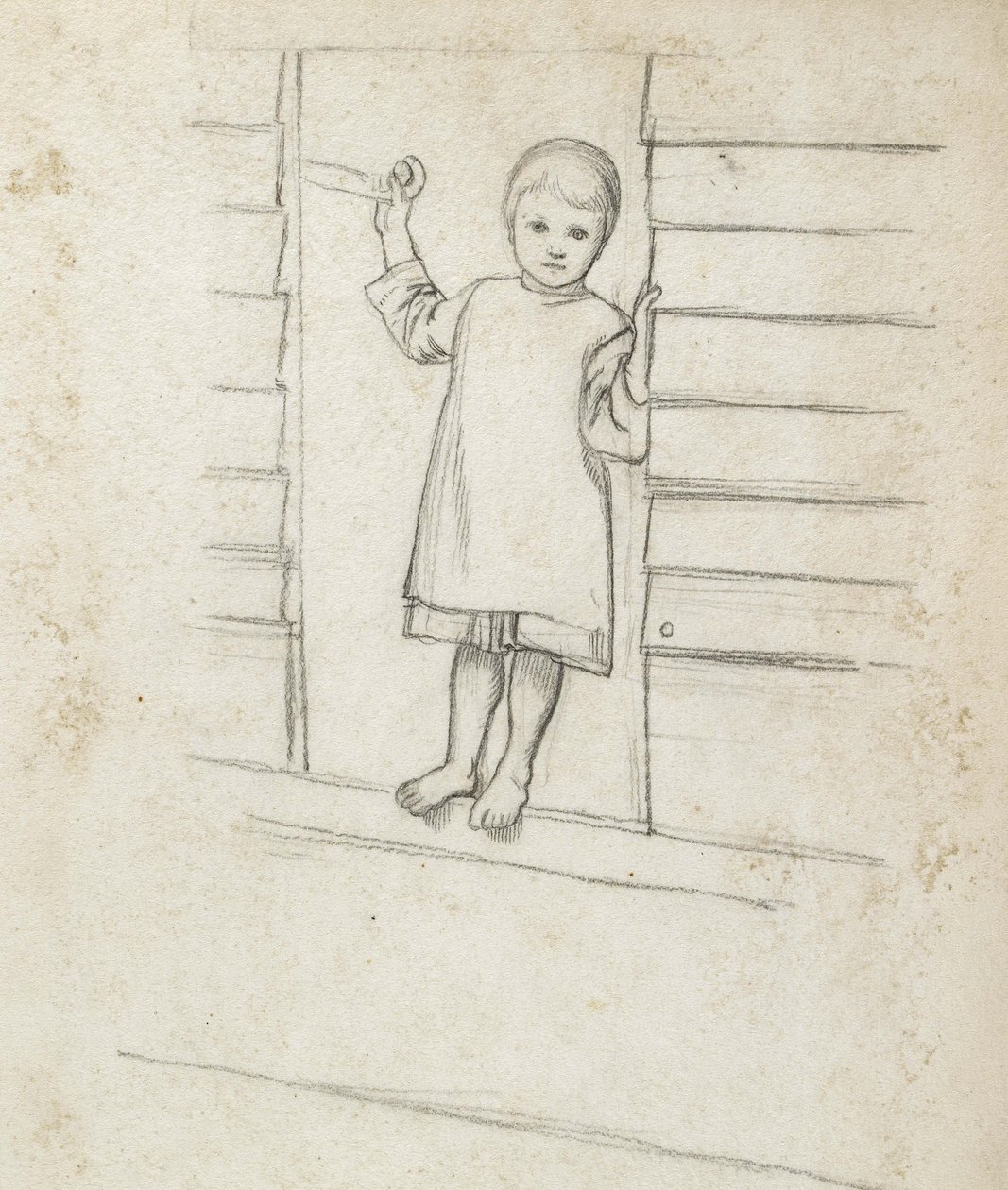 Tyttö Pinaforessa, seisoo ikkunalaudalla, c. 1868 - 1869 (grafiitti paperille) tekijältä William Holman Hunt