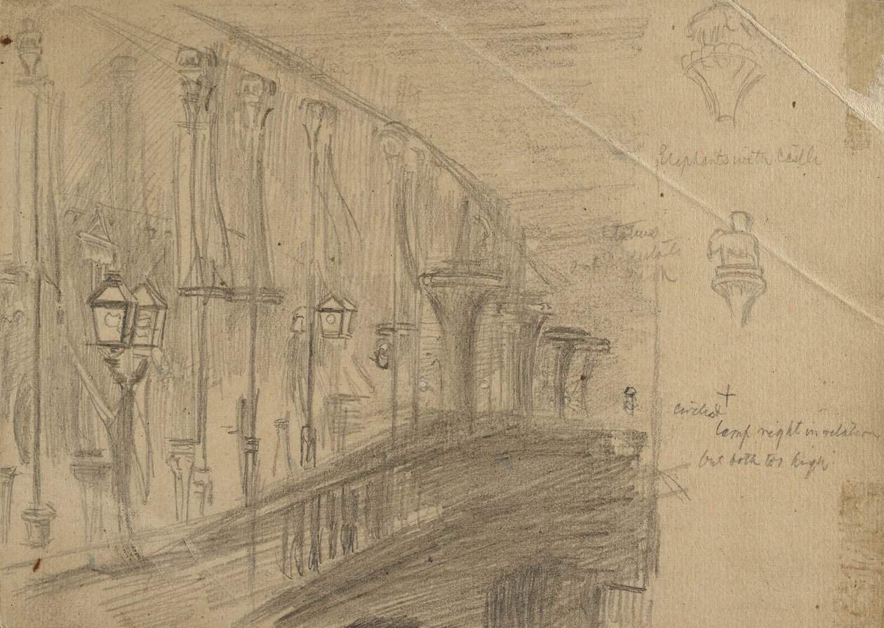 Recto: Tutkimus London Bridgestä "London Bridgelle Walesin prinssin ja prinsessan hääyönä", 1863 (grafiitti kiillotuspaperille) tekijältä William Holman Hunt
