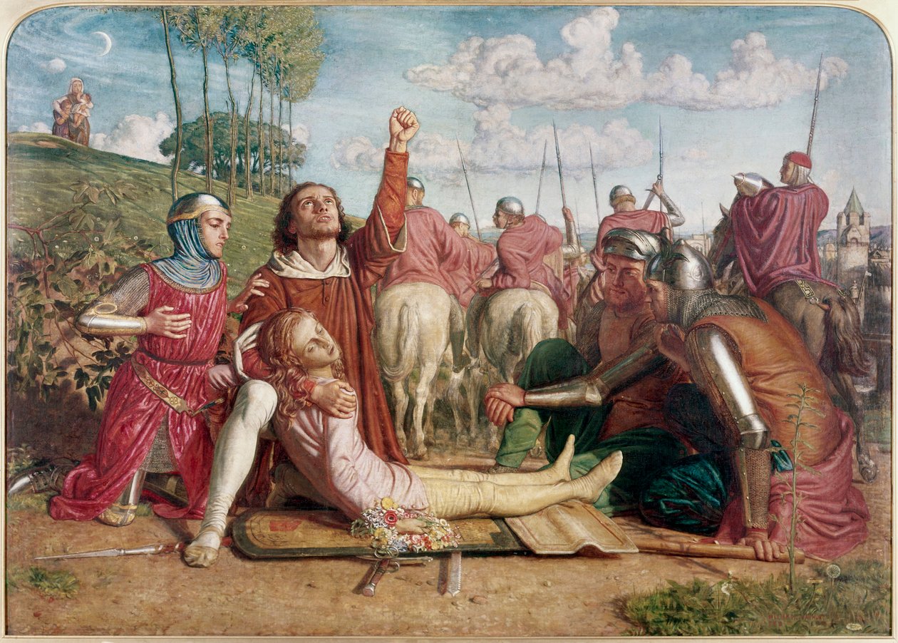 Rienzi vannoo saavansa korvauksen nuoren veljensä kuolemasta, joka oli uhri Orsinien ja Colonnan välisen yhteenotossa tekijältä William Holman Hunt