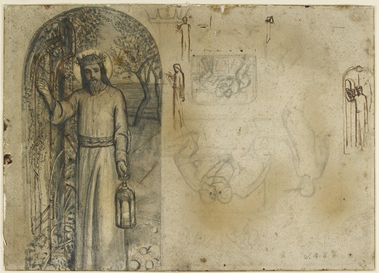 Tutkimuksia "The Light of the World" (brafiitti kynällä ja ruskealla musteella luonnonvalkoiselle paperille) tekijältä William Holman Hunt