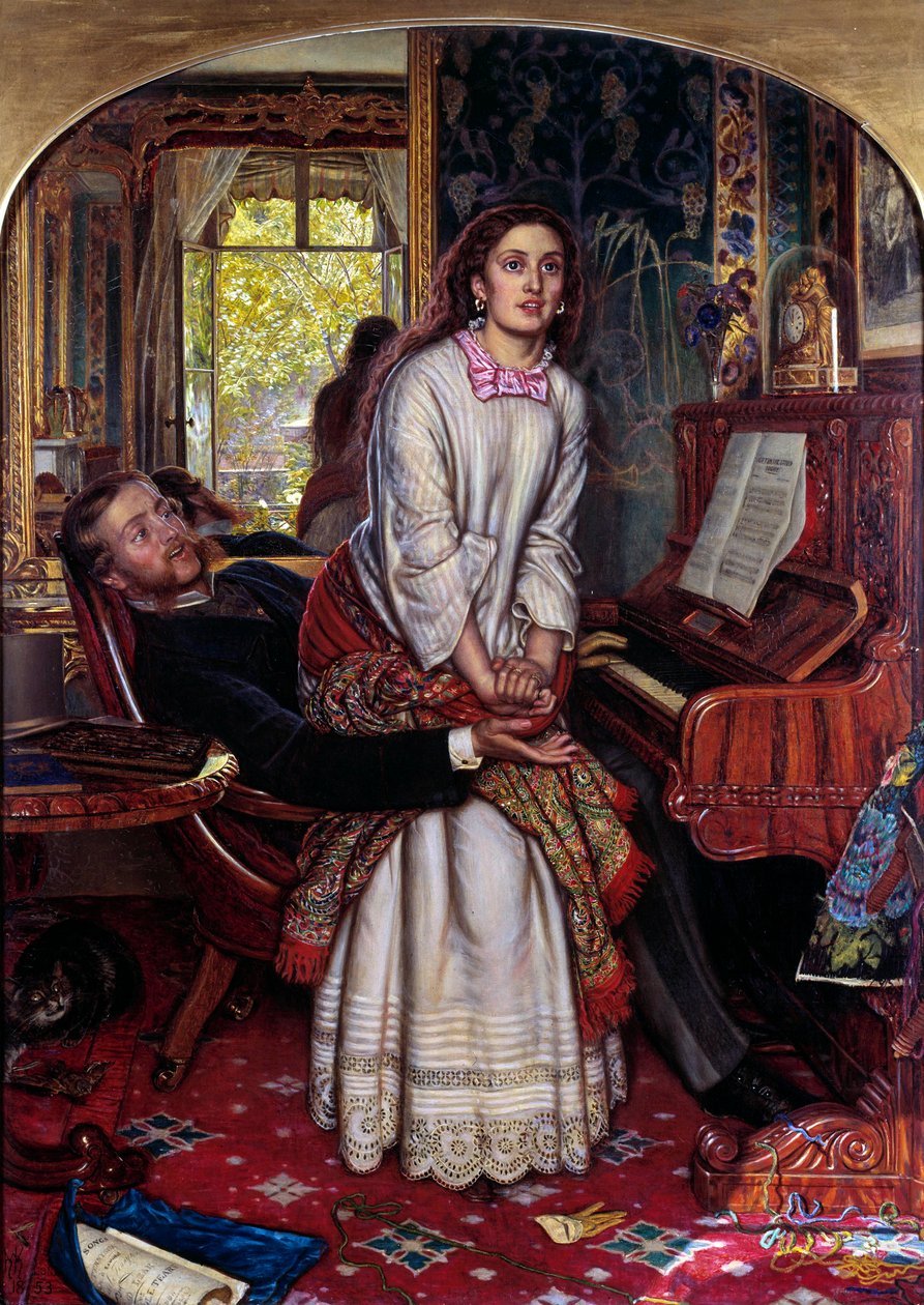 Heräävä tietoisuus Nuori nainen synnissä hyppää yllättäen hengellisen ilmestyksen vaivaamana yrittäen paeta rakastajansa käsivarresta. William Holman Huntin (1827-1910) maalaus tekijältä William Holman Hunt