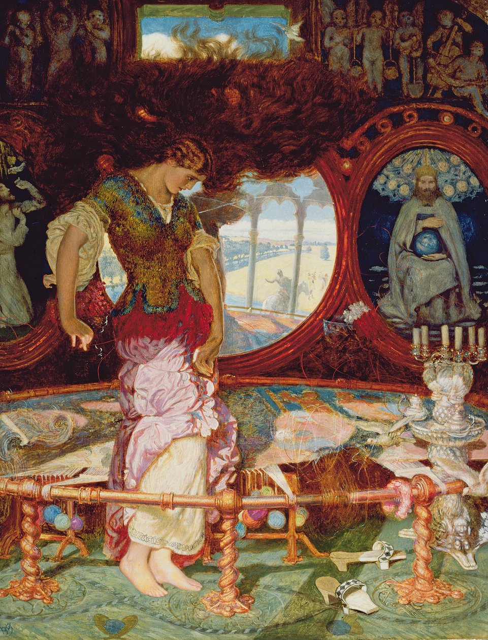 The Lady of Shalott, n. 1886-1905 (öljy paneelille) (katso myös 495754) tekijältä William Holman Hunt