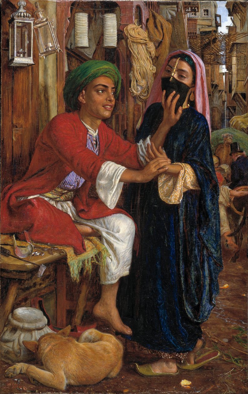 Lyhdynvalmistajan kosiskelu, katukohtaus Kairossa tekijältä William Holman Hunt