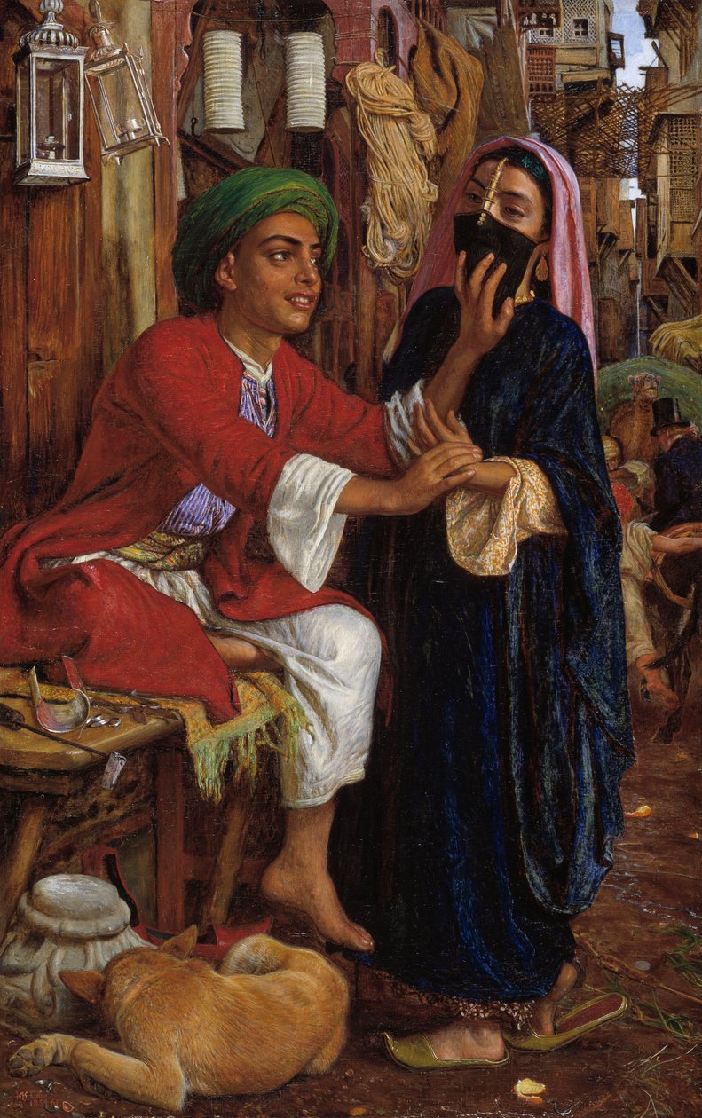 Lyhdynvalmistajan kosiskelu, katukohtaus Kairossa tekijältä William Holman Hunt