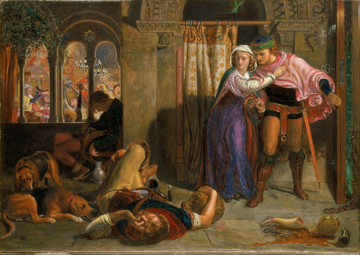Madeline ja Porphyro pakenevat juhlinnan aikaisen juopumuksen vallitessa (Pyhän Agnesin aatto) tekijältä William Holman Hunt