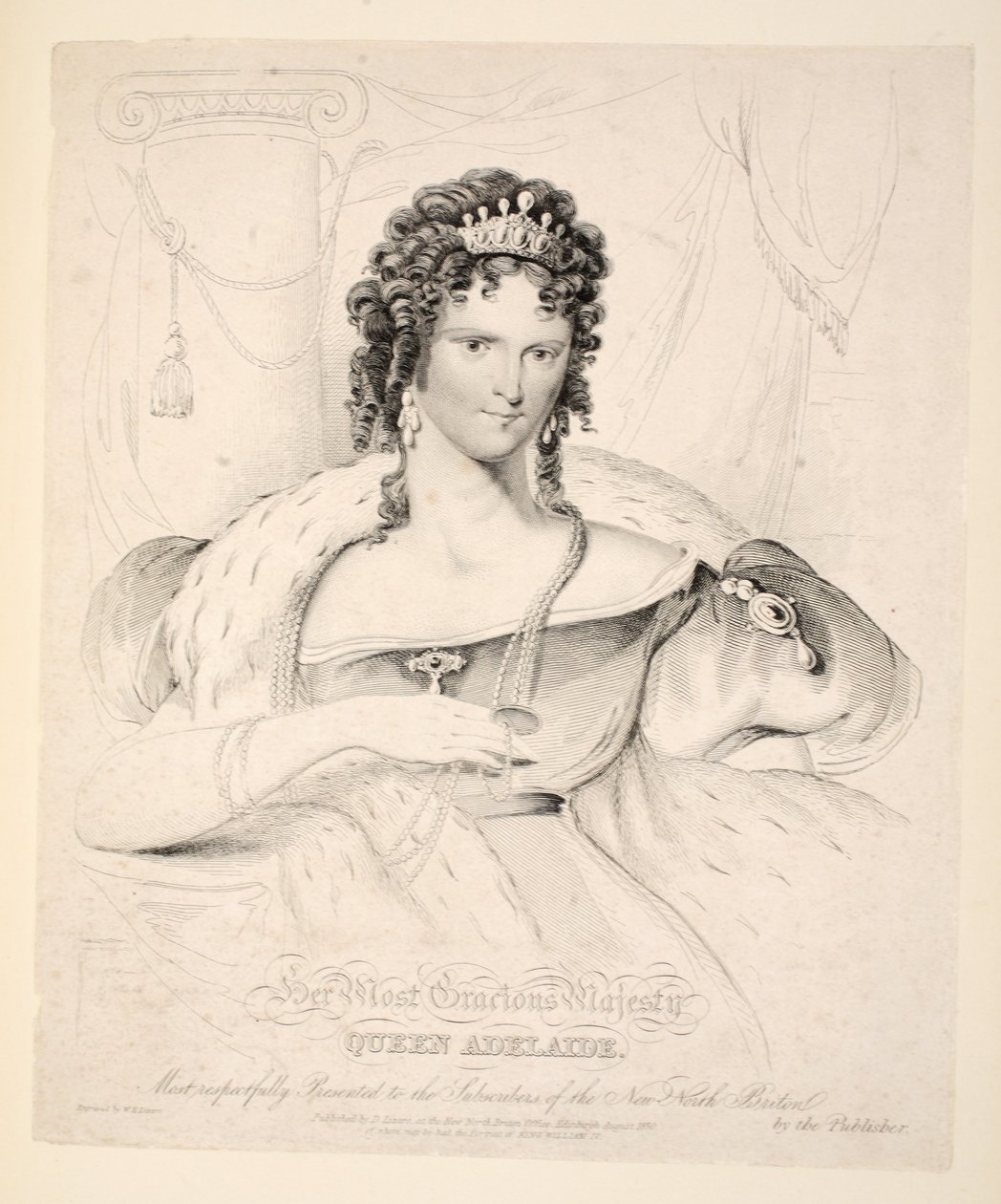Hänen armollisin Majesteettinsa Kuningatar Adelaide, palkituimmin New North Britonin tilaajille, pub. 1830 tekijältä William Home Lizars
