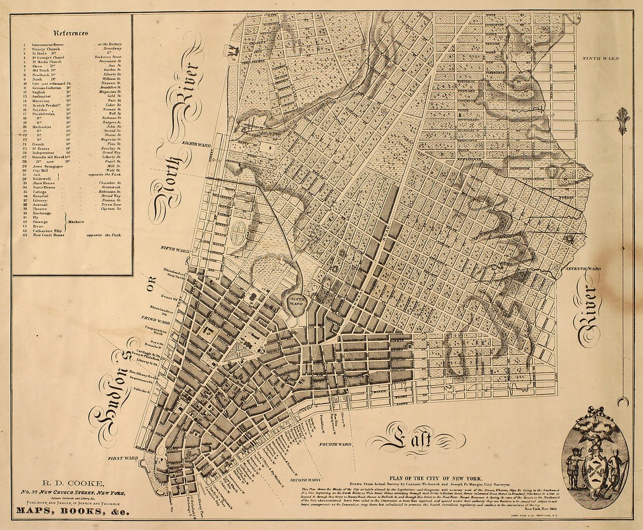New Yorkin kaupungin suunnitelma [pohjoiseen East 31st Streetiin asti], 1817 (musta muste paperille, kankaalla) tekijältä William Hooker