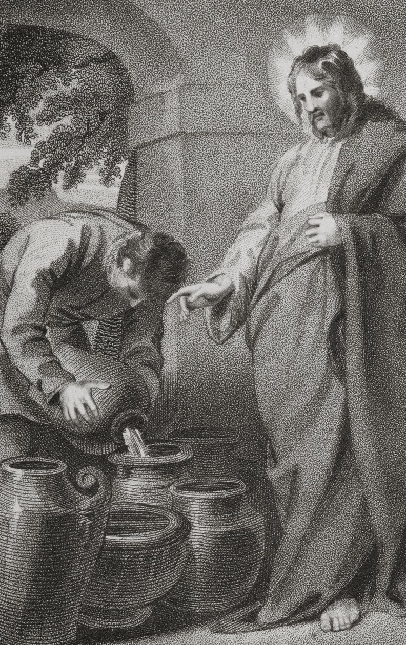 Kristus muuttaa veden viiniksi, pastori J. Milnerin "Siunatun Herramme ja Vapahtajamme Jeesuksen Kristuksen historiasta ja elämästä", julkaisija B. Crosby, 1808 tekijältä William Hopwood