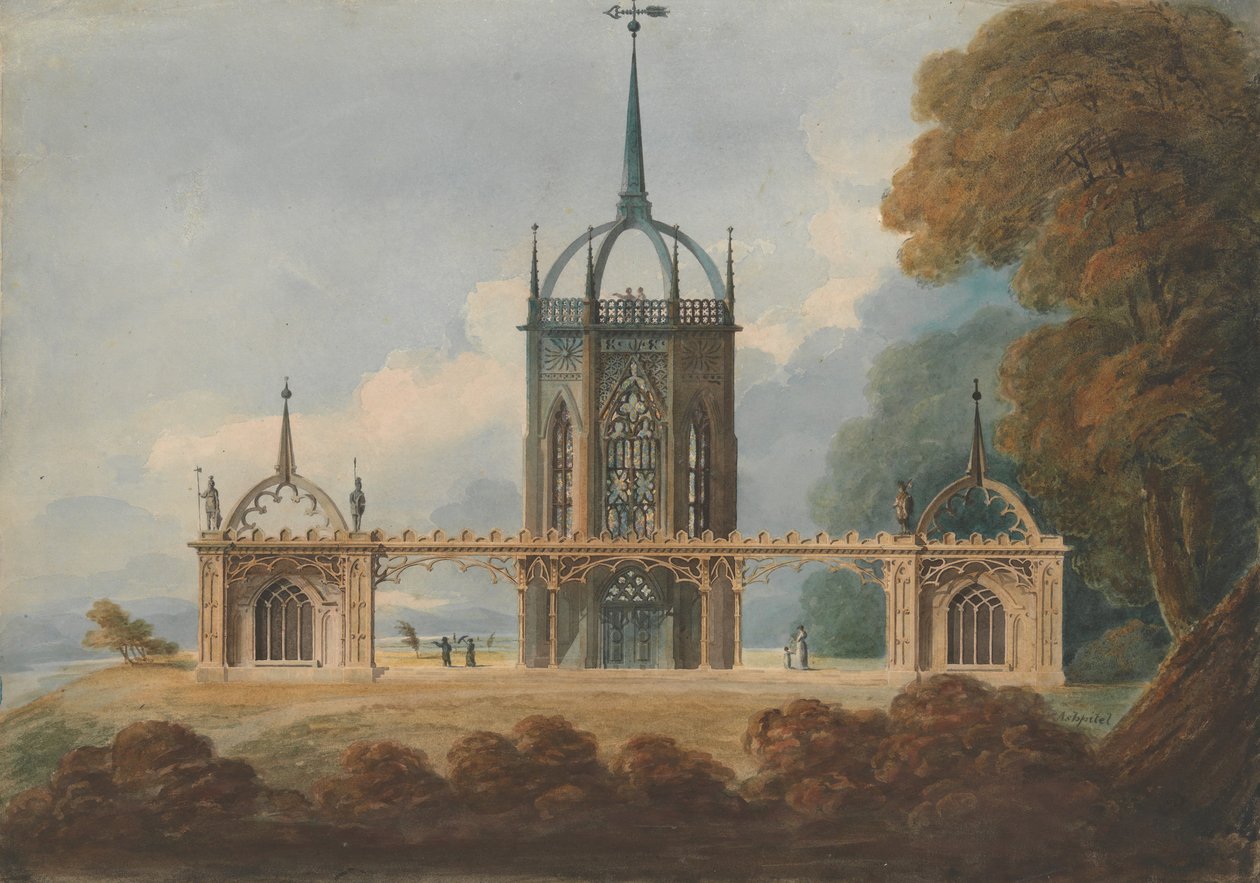 Suunnittelu goottilaiselle Belle Vuelle, n. 1800. tekijältä William Hurst Ashpitel