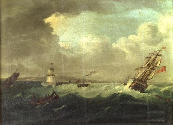 Lähetys Pigeon Housesta, Dublinin satama Viceroyn jahdilla "The Dorset" (öljy paneelissa) tekijältä William II Sadler