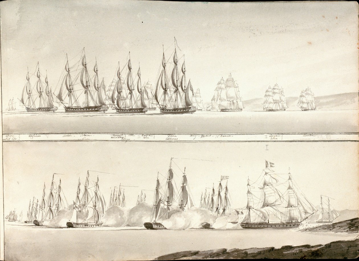 Taistelulaivojen linjan eri maalaustapoja, 1800-luvun alku (kynä, harmaa pesu) tekijältä William Innes Pocock