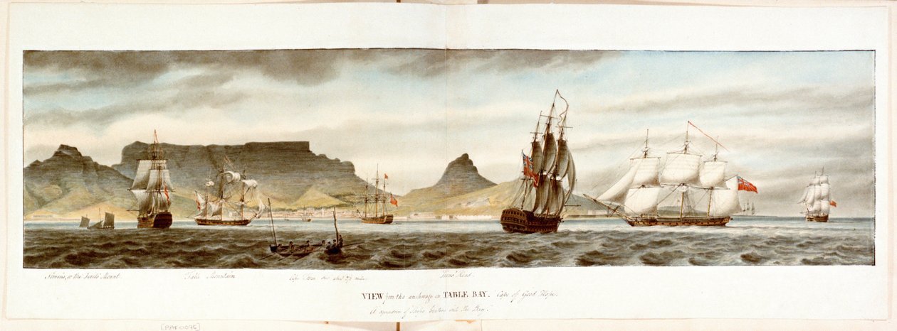 Laivueen laivue ankkuripaikalta Pöytälahdella, Hyvän toivon niemessä, 1700-luvun lopusta 1800-luvun alkuun (akvarelli). tekijältä William Innes Pocock