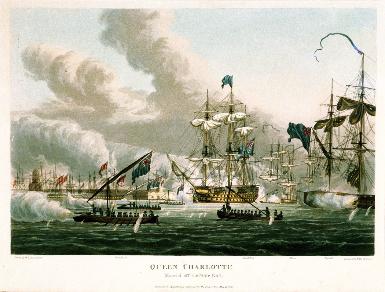 Queen Charlotte kiinnittyi Molen edustalle Algerian pommituksen aikana 27. elokuuta 1816. Värillinen etsaus, 15. toukokuuta tekijältä William Innes Pocock