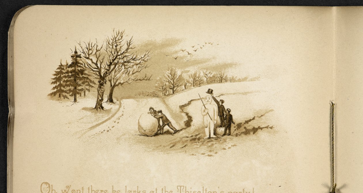 Lapset ja lumiukko. The Holiday Train: kappale "Dulce Domum" ... Kuvittanut W. J. Webb.  Frederick Langbridge  Lontoo, 1891 tekijältä William J. Webbe or Webb