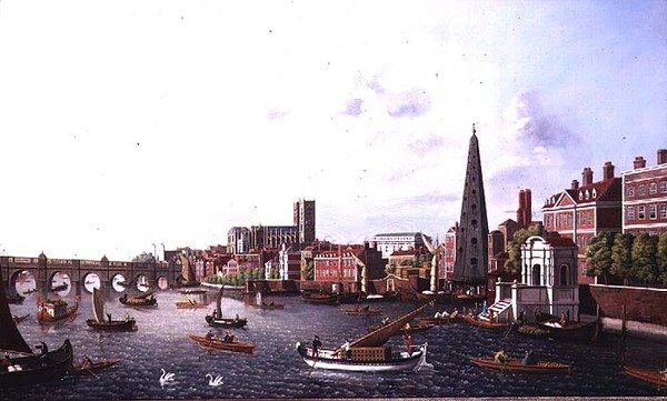 Näkymä Thames-joelle York Stepsissä kohti Westminster Abbeyta tekijältä William James