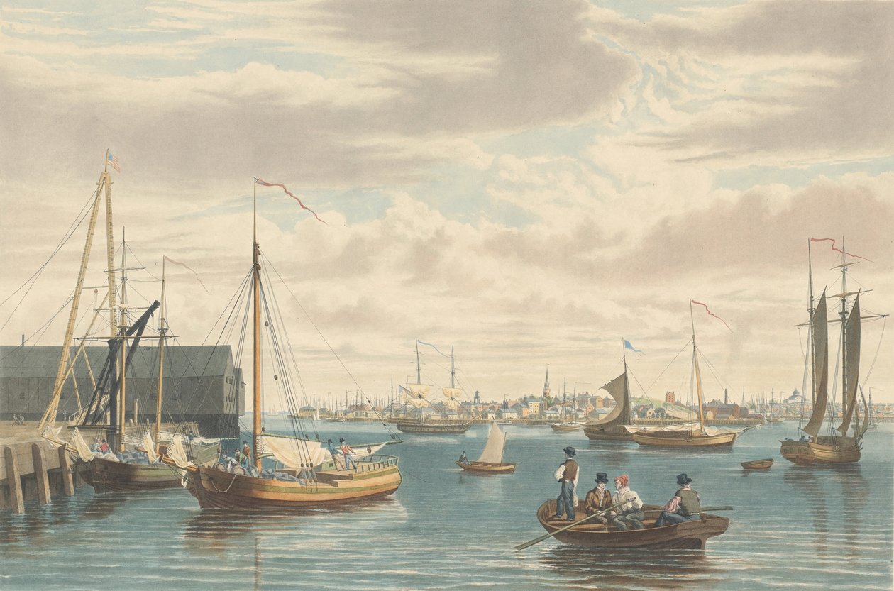 Boston: Laivastotelakan laivarakennuksen West Endistä, julkaistu 1833. tekijältä William James Bennett