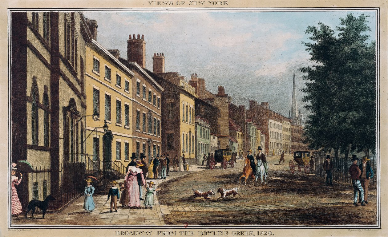 Broad Way from Bowling Green, kaiverrus J.R. Hutchinson, 1828 tekijältä William James Bennett