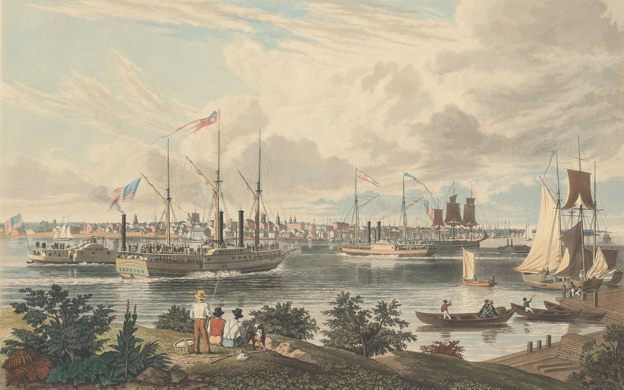 Detroitin kaupunki, Michigan: Otettu Kanadan rannalta lähellä lauttaa, julkaistu 1837. tekijältä William James Bennett