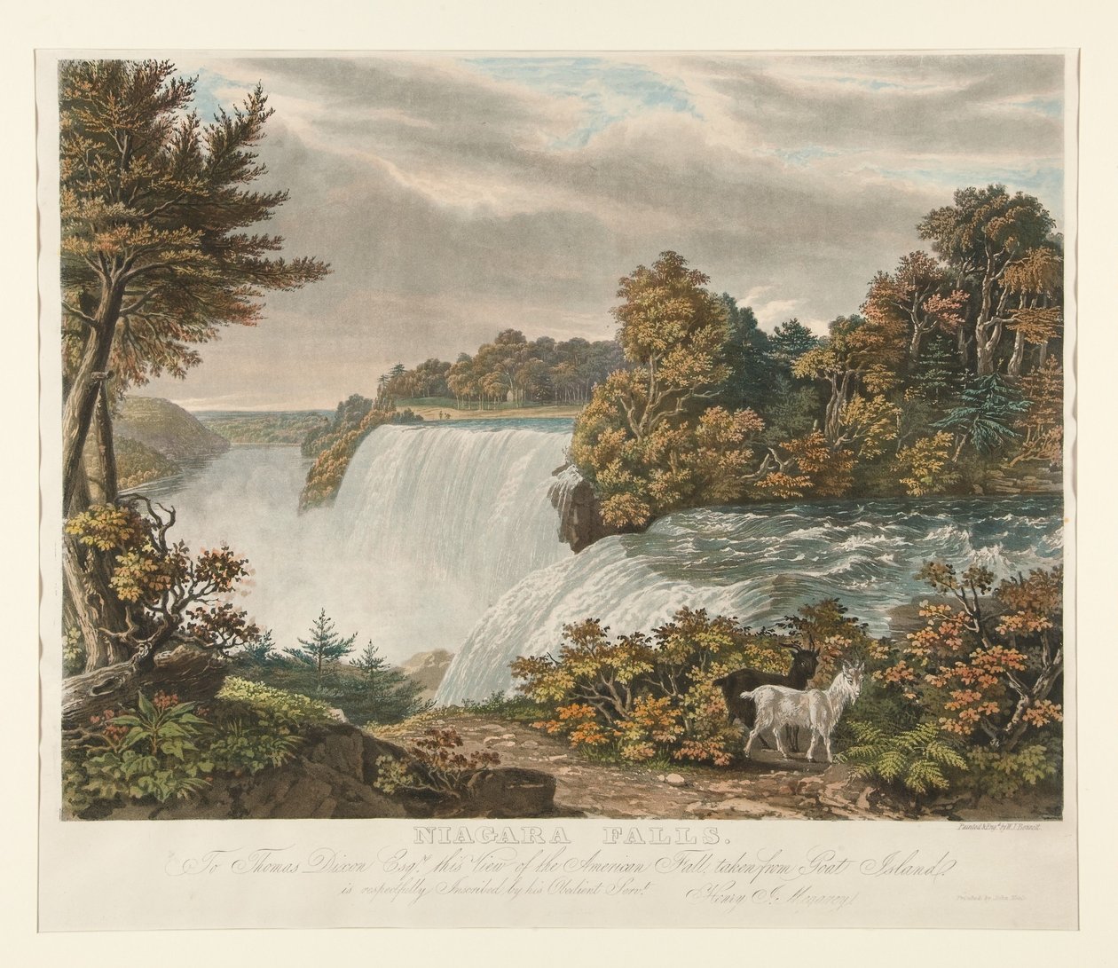 Niagaran putoukset. Thomas Dixon Esq:lle on kunnioittavasti omistettu tämä Goat Islandilta kuvattu näkymä American Fallille tekijältä William James Bennett