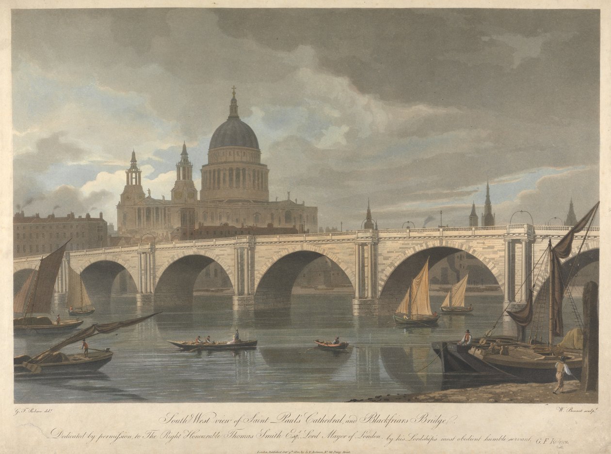 St. Paulin katedraali ja Blackfriars Bridge lounaasta nähtynä tekijältä William James Bennett
