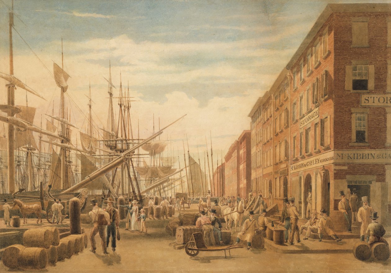 Näkymä South Streetille, Maiden Lane, New York City, n. 1827. tekijältä William James Bennett