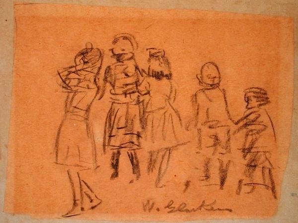 Viisi lasta (musta liitu paperille) tekijältä William James Glackens