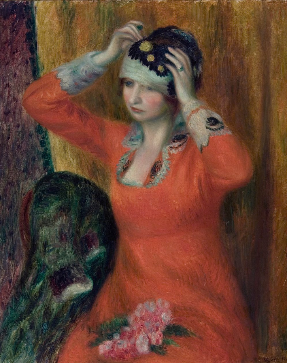 Tyttö punaisessa mekossa kiinnitettynä hatuun tekijältä William James Glackens