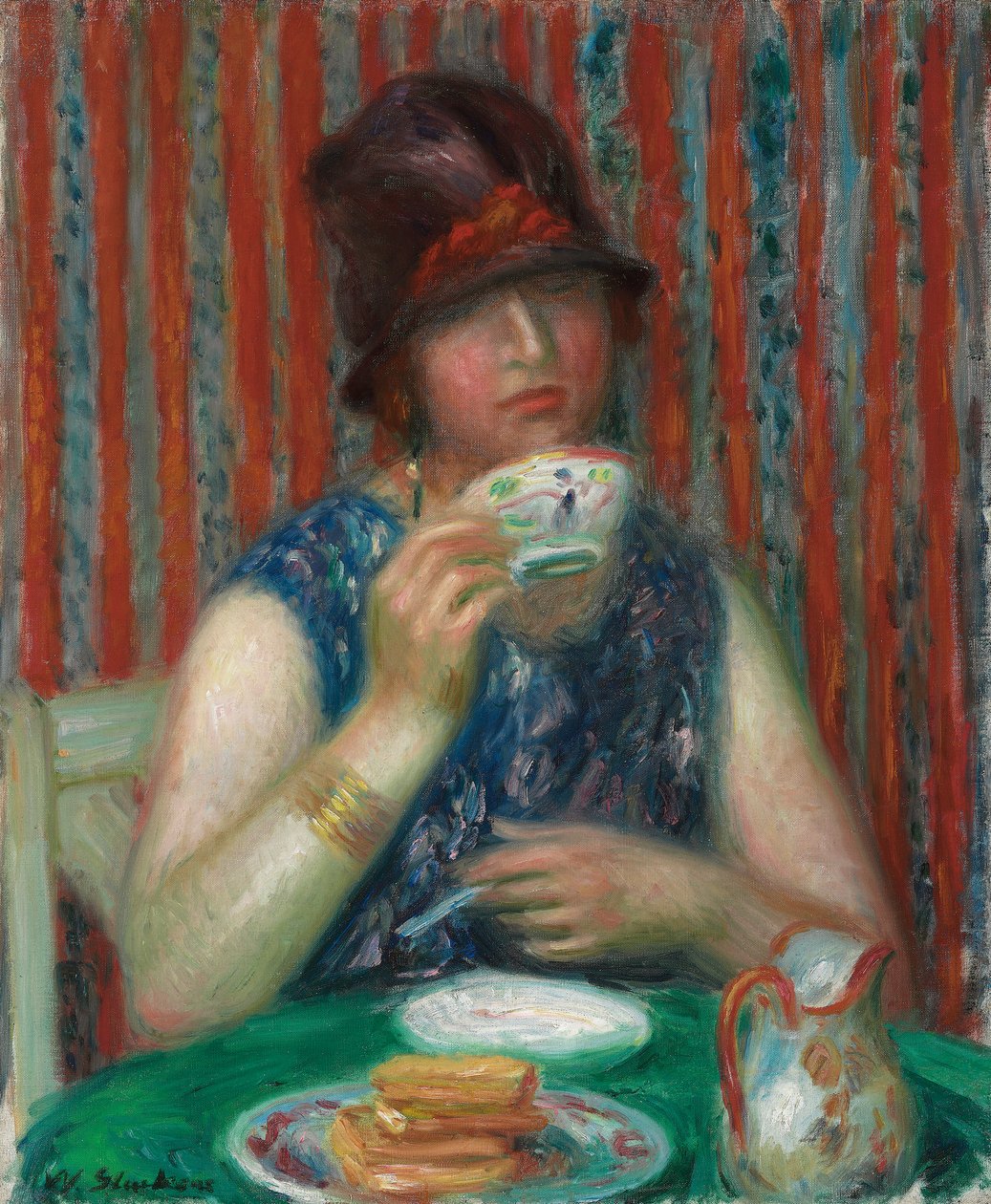 Tyttö teekupin kanssa, n. 1920 (öljy kankaalle) tekijältä William James Glackens